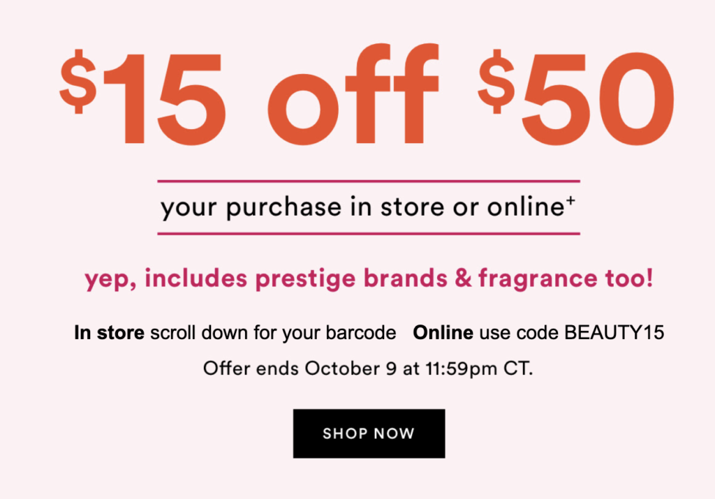 ulta coupon code $15 off $50